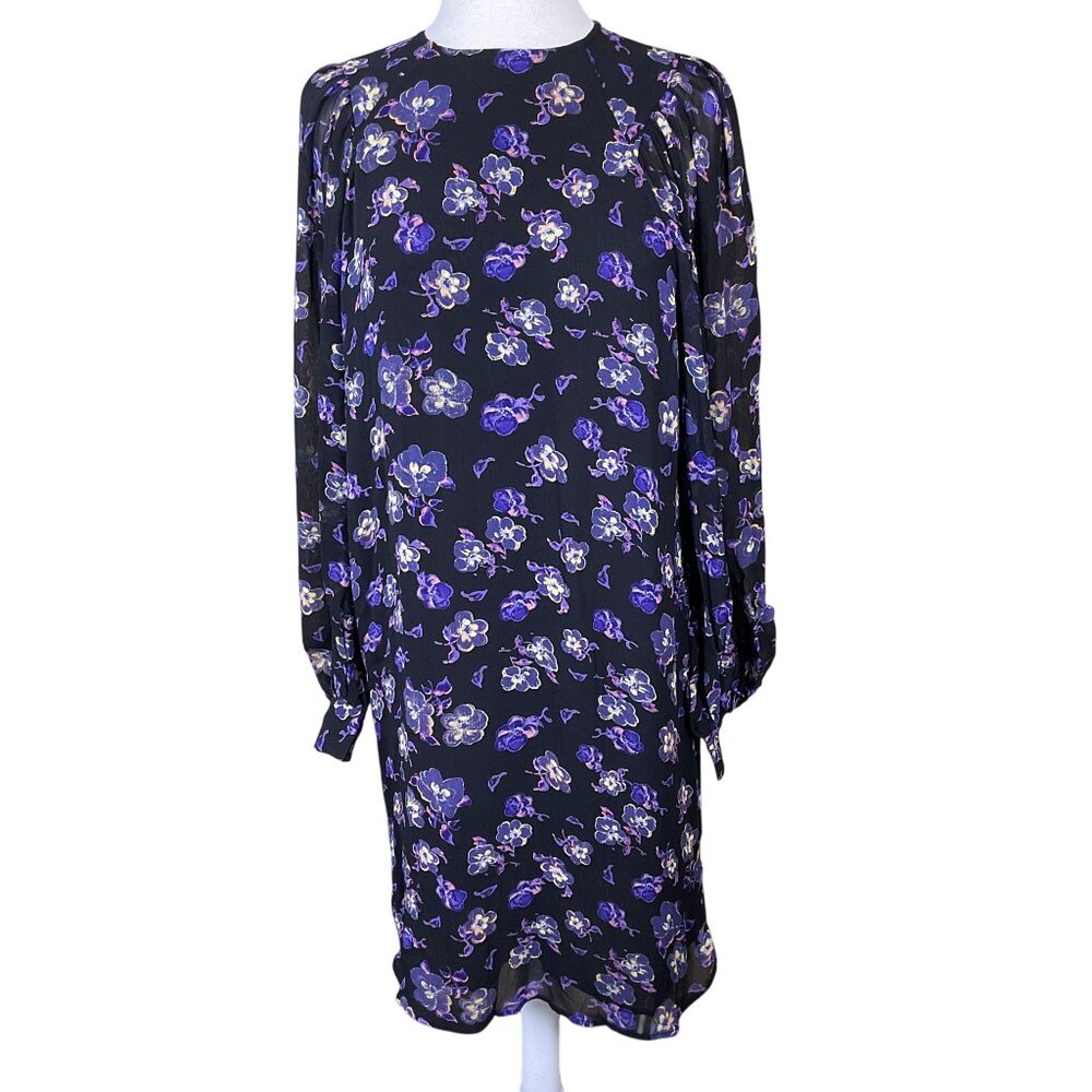 Ganni Floral Long Blouson Sleeve Floral Pansy Georgette Mini Dress 8-10